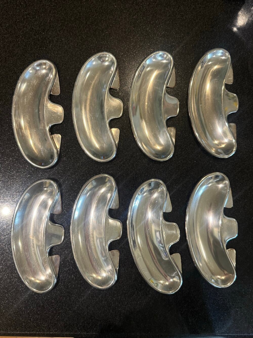 Vintage Metal Bone Dishes Set of 8 Crescent Crescent Side Plates Kidney Trays 7"
